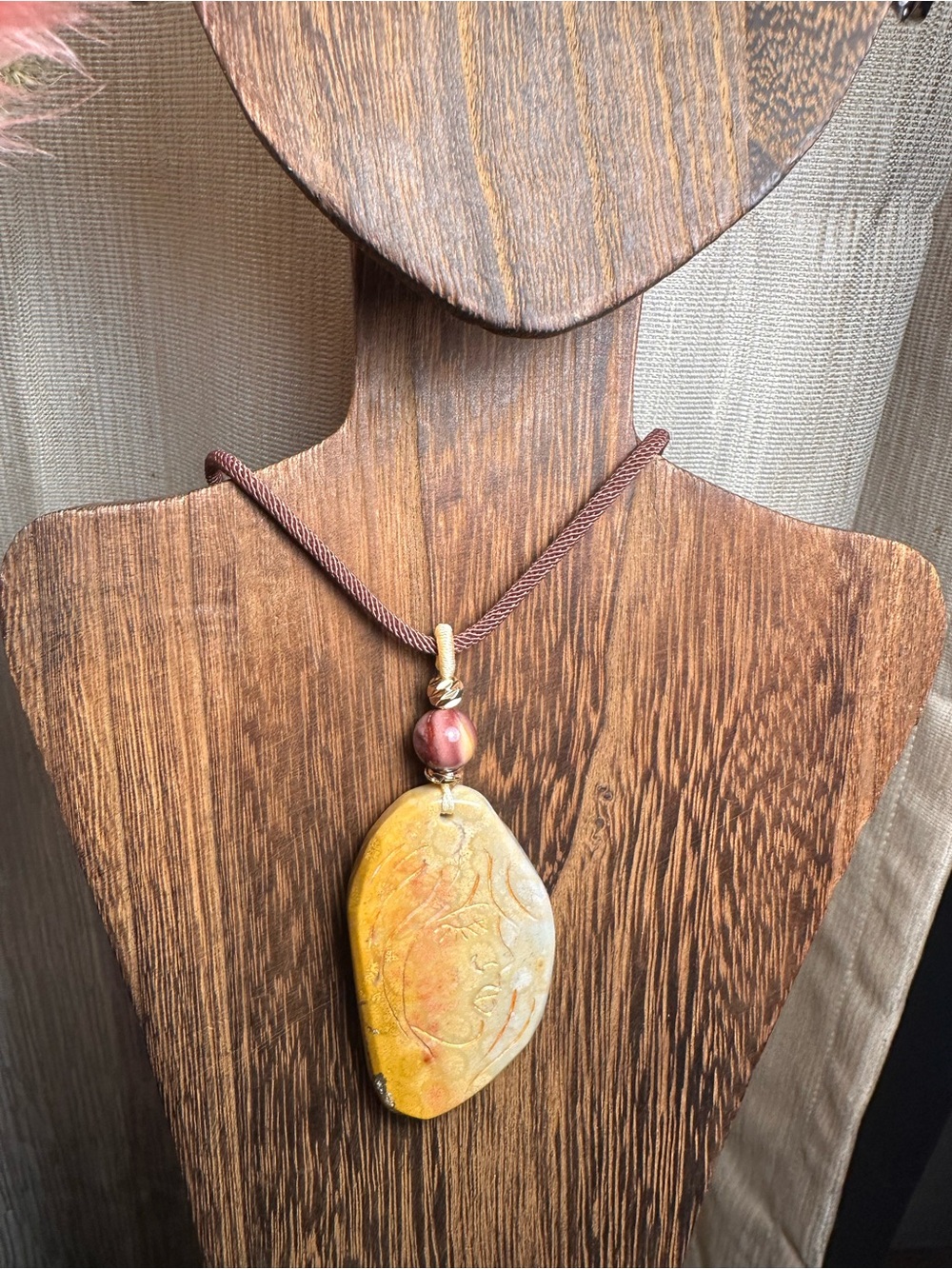 Coral Fossil Lady Profile Pendant Necklace on Brown Rope - Picture 9 of 14